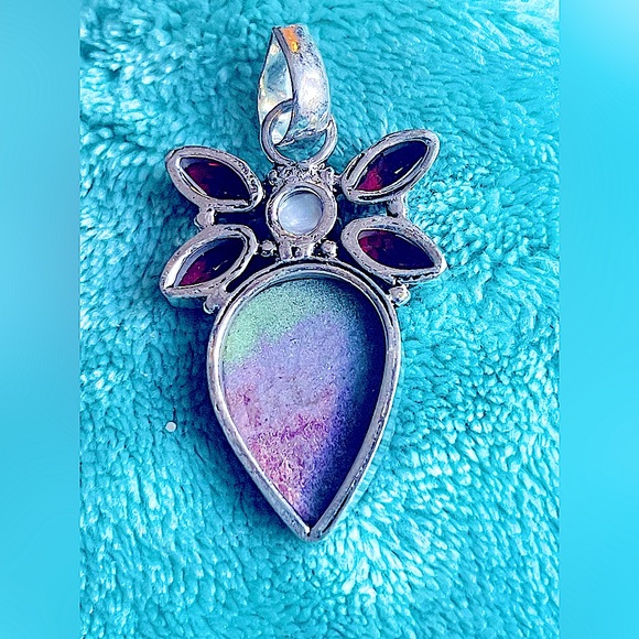 Ruby zoisite/Garnet/Pearl sterling silver plated pendant tribal India Artisan - Picture 2 of 4